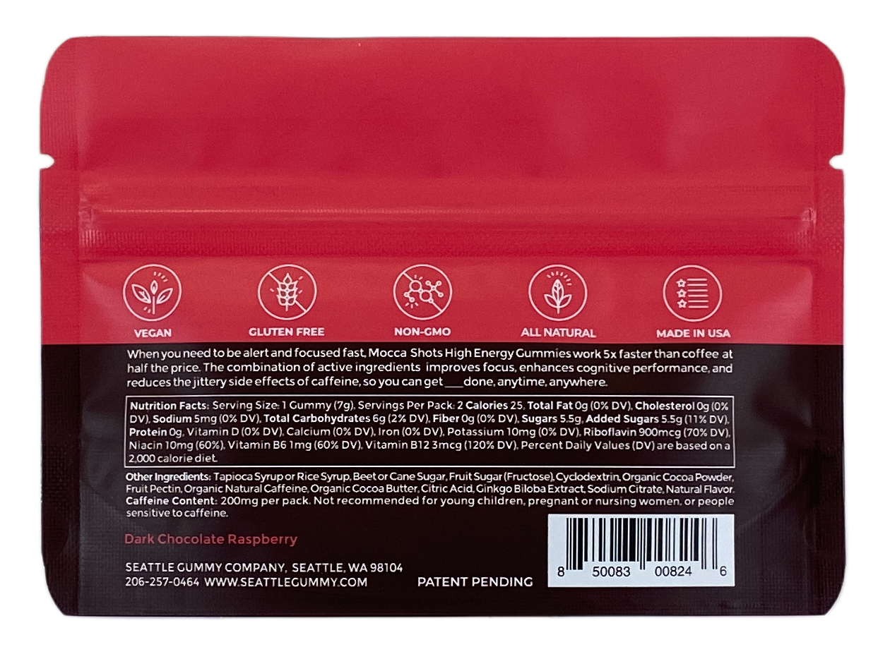 Seattle Gummy Company - Mocca Shots Chocolate Raspberry Caffeine Gummy